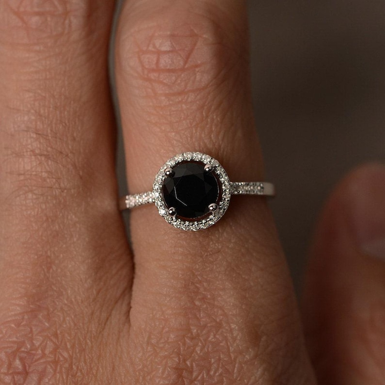Rings Black Halo Ring Black Spinel Ring Promise Ring for Girl Round Cut Black Rings Engagement Ring Sterling Silver 925 image 3