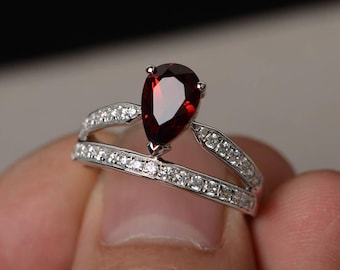 Natural Garnet Ring Silver Pear Cut Engagement Ring Crown Ring