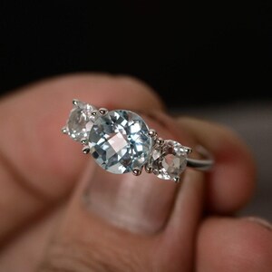 Round Aquamarine Ring Natural Gemstone Ring Promise Ring For Her March Birthstone Ring Sterling Silver Ring Three Stone Ring