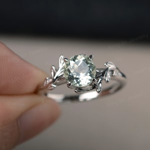 Genuine green amethyst ring branch ring round cut prasiolite ring leaves ring engagement ring for women