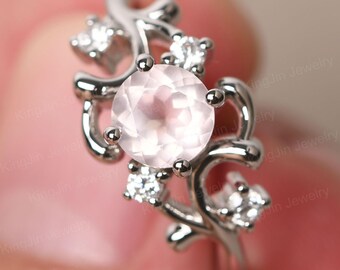 Rundschliff 6 mm Rosenquarz Statement Ring 14K Weißgold Rosenquarz Verlobungsring