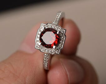 Garnet Rings Round Cut Rings Square Halo Ring Engagement Rings Red Gemstone Ring Sterling Silver Ring