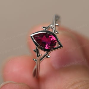 Vertical Ruby Ring Sterling Silver Waterdrop Branch Engagement Ring Thorns July Birthstone Ring