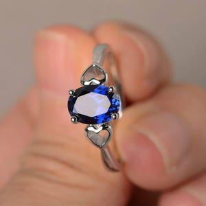 Lab Blue Sapphire Ring Engagement Ring Solitaire Ring Oval Cut Gemstone Ring September Birthstone Sterling Silver Ring