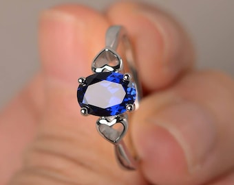 Lab Blue Sapphire Ring Engagement Ring Solitaire Ring Oval Cut Gemstone Ring September Birthstone Sterling Silver Ring