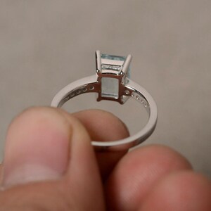 Natural Aquamarine Ring March Birthstone Ring Promise Ring Engagement Ring Sterling Silver Emerald Cut Gemstone Ring Anniversary Ring image 3