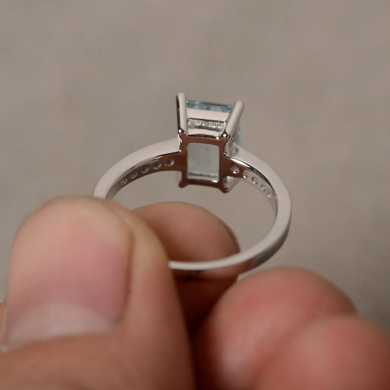 Natural Aquamarine Ring March Birthstone Ring Promise Ring Engagement Ring Sterling Silver Emerald Cut Gemstone Ring Anniversary Ring image 3