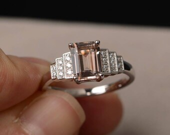 Natural Pink Morganite Ring Engagement Ring Emerald Cut Gemstone Ring Sterling Silver Ring Women Jewelry