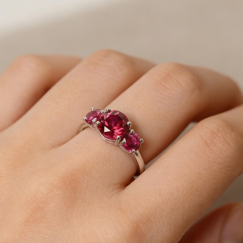 Handmade Three Stone Lab Ruby Ring, Sterling Silver Promise Ring image 3