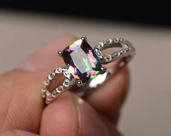 Genuine Mystic Topaz Rings Rainbow Topaz Promise Rings Sterling Silver Rings Cushion Cut Rainbow Gemstone Vintage Rings