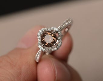 Natural Smoky Quartz Ring Silver Solitaire Ring Round Cut Engagement  Brown Gemstone Ring