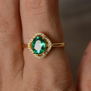 Lab Emerald Ring Yellow Gold Plated Silver Oval Cut Engagement Ring May Birthstone Ring