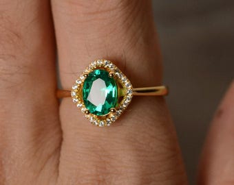 Lab Emerald Ring Yellow Gold Plated Silver Oval Cut Engagement Ring May Birthstone Ring