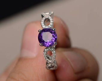 Unique Engagement Rings Natural Amethyst Rings Silver Rings Round Cut Purple Stone Rings February Birthstone Rings