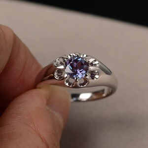 Solitaire Ring Round Cut Lab Alexandrite Ring Promise Ring Sterling Silver Ring Color Change Gemstone Ring June Birthstone