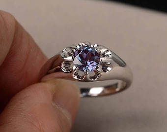 Solitaire Ring Round Cut Lab Alexandrite Ring Promise Ring Sterling Silver Ring Color Change Gemstone Ring June Birthstone