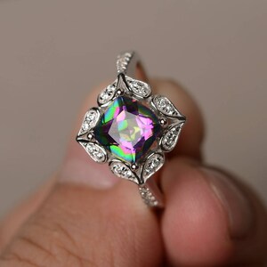Mystic Topas Ring Jubiläumsring Regenbogen-Topas Ring Kissenschliff Regenbogen Edelstein Sterling Silber Ring