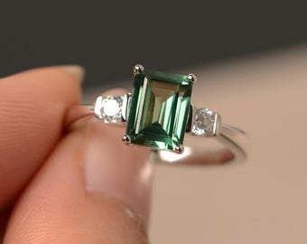 Türkis Saphir Ring Grün Saphir Ring Smaragdschliff Sterling Silber Einzigartige Verlobungsring