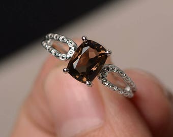 Natural Smoky Quartz Rings Promise Rings Brown Gemstone Sterling Silver Rings Cushion Cut Rings Solitaire Rings