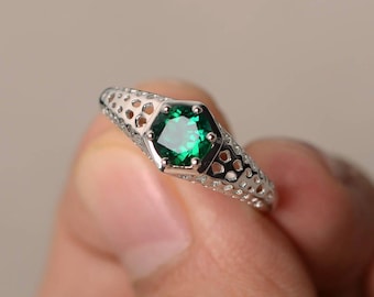 Anillos de esmeralda, anillos de boda con esmeralda, anillos de plata esterlina, anillos de corte redondo, anillos solitarios, piedra de nacimiento de mayo