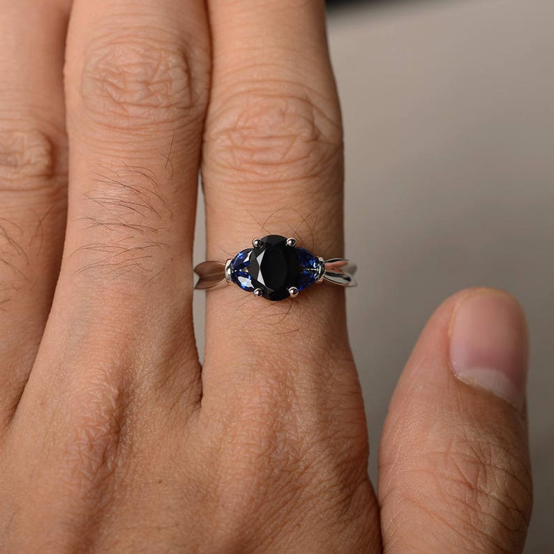 Promise Rings Natural Black Spinel Rings Oval Cut Black Gemstone Solid Silver Rings Blue Sapphire Accents