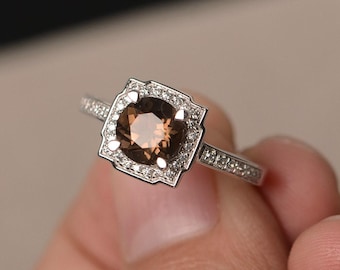 Natural Smoky Quartz Ring Silver Solitaire Ring Round Cut Engagement Ring Brown Gemstone Ring for Woman
