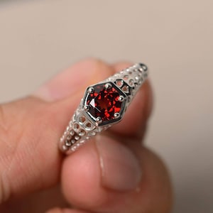 Natural Garnet Rings Anniversary Rings Sterling Silver Rings Round Cut Red Gemstone January Birthstone