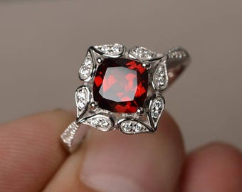 Natural Red Garnet Ring Wedding Ring January Birthstone Ring Cushion Cut Gemstone Red Gems Sterling Silver Ring
