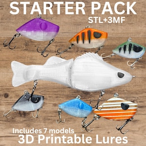 May include: A collection of seven 3D printable fishing lures in various colors, including purple, orange, green, blue, and white. The lures have detailed designs and are equipped with hooks. Text at the top reads "STARTER PACK STL+3MF" and at the bottom "Includes 7 models 3D Printable Lures".