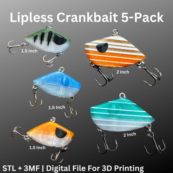 Lipless Crankbait 5-pack 3D Printable Fishing Lures | STL + 3MF Files | 1.5 and 2 Sizes | Print Settings & Assembly Guides Included - Etsy Lipless Crankbait 5-pack 3D Printable Fishing Lures | STL + 3MF Files | 1.5 and 2 Sizes | Print Settings & Assembly Guides Included - Etsy