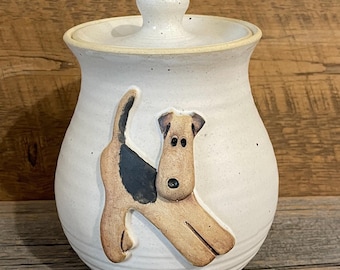 Matte White Downward Dog Airedale Terrier Treat Jar