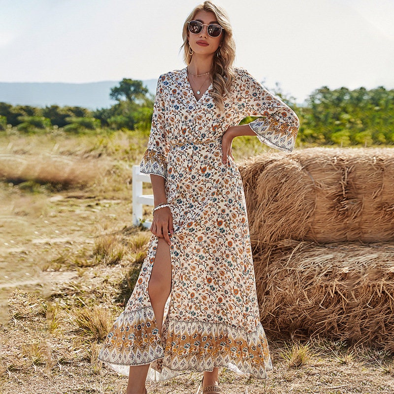 OIUCVGB Boho Dresses for Women Loose Long Sleeve Floral Print Linen Maxi Dress with Pockets 