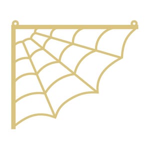 May include: A gold-colored, corner-shaped decorative bracket featuring a stylized spiderweb design. The bracket has a right-angle shape with a series of curved lines forming the web pattern. Two small holes are at the top for hanging.