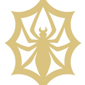 May include: A gold-colored spider silhouette within a stylized web design. The spider has eight legs and a segmented body. The web has a star-like shape with pointed edges, set against a white background.