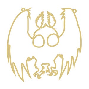 May include: A gold-colored line art illustration of a bat-like creature with large, round eyes and outstretched wings. The design features a stylized head with pointed ears and a detailed body, perfect for a Halloween or gothic theme.