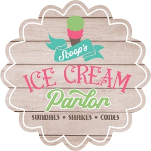 May include: A wooden sign with a whimsical design featuring a green and pink ice cream cone, a turquoise ribbon with the text "Scoop's", and the words "ICE CREAM Parlor" in pink and green. The sign also includes the text "SUNDAES - SHAKES - CONES" in brown.