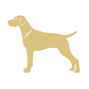 May include: A golden-yellow silhouette of a dog in a standing pose, facing left. The dog's features are simplified, with a defined head, body, legs, and tail. The background is plain white, highlighting the dog's form.