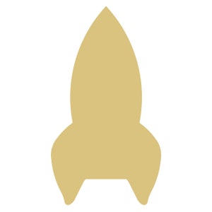 May include: A light tan wooden rocket ship cutout. The rocket has a pointed top and a rounded base with two small rectangular cutouts at the bottom. The background is plain white.