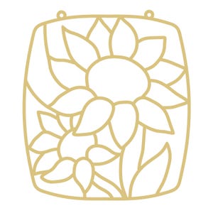 May include: A gold-colored, rectangular decorative piece featuring a sunflower design. The sunflower is composed of multiple petals and leaves, with a small loop at the top for hanging. The design is a cut-out style, with the sunflower and leaves outlined.