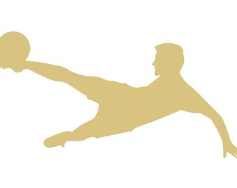 May include: A gold silhouette of a soccer player kicking a ball. The player is mid-air, leg extended, with the ball positioned near the foot. The image is set against a white background.