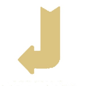 May include: A gold-colored, stylized arrow pointing left and down, with a notched top. The arrow is a solid shape against a white background. The design is simple and graphic, suitable for signage or branding.