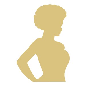 May include: A golden silhouette of a person with an afro, arm bent at the elbow, hand on hip, and the other arm relaxed. The person is facing right, with a profile view of the face and a neutral expression. The background is white.