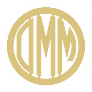 May include: A gold-colored monogram design featuring the letters "DMM" within a circular frame. The letters are stylized and have a clean, modern aesthetic, suitable for personalized items or branding.
