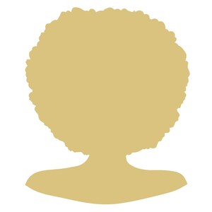 May include: A silhouette of a person with a large, textured afro hairstyle. The figure is in a solid, light tan color against a white background. The shoulders and neck are also visible, completing the profile.