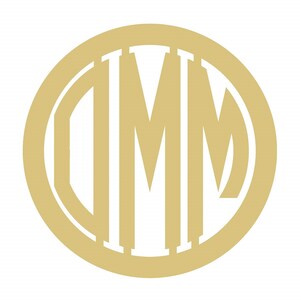 May include: A gold-colored monogram design featuring the letters "DMM" within a circular frame. The letters are stylized and have a clean, modern aesthetic, set against a white background. The design is suitable for various applications.