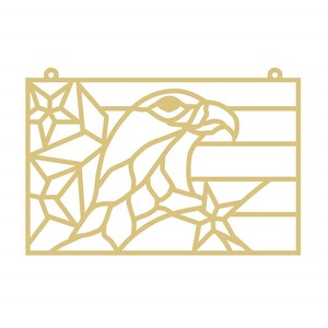 May include: A gold-colored metal wall hanging featuring an eagle's head and a stylized American flag design. The flag includes stars and stripes, with the eagle's head prominently displayed. Two small holes are at the top for hanging.