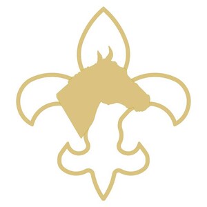 Puede incluir: Un diseño de flor de lis dorado con una silueta de cabeza de caballo en el centro. La cabeza del caballo mira hacia la derecha. El fondo es blanco.