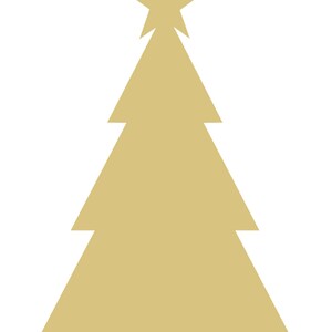 May include: A gold-colored Christmas tree silhouette with a star on top. The tree has a simple, geometric design with a triangular shape and layered branches. The background is plain white.