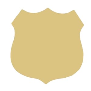 May include: A blank, shield-shaped wooden cutout in a light tan color. The shield has a curved top and a pointed bottom, suitable for crafting or personalization. The cutout is set against a white background.