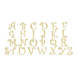 May include: A full alphabet in a whimsical, serif font. The letters are in a light gold color and are arranged in a grid on a white background. Each letter has a decorative swirl.